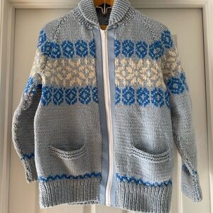 Vintage Shawl Collar Blue & Cream Cowichan Sweater Jacket